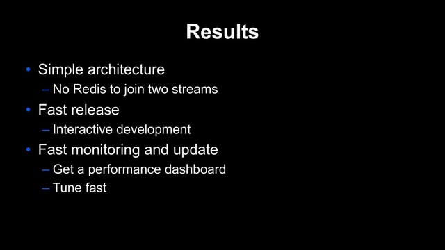 Results
• Simple architecture
– No Redis to join two streams
• Fast release
– Interactive development
• Fast monitoring and update
– Get a performance dashboard
– Tune fast
