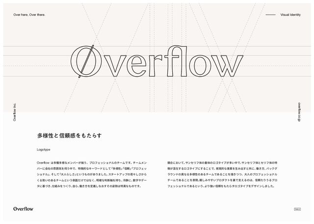 overflow.co.jp
Overflow Inc.
-
-------------- Visual Identity
Over here, Over there.
Overflow は多種多様なメンバーが揃う、プロフェッショナルのチームです。 チームメン
バーに会社の雰囲気を伺う中で、特徴的なキーワードとして
「多様性」
「信頼」
「プロフェッ
ショナル」
、
そして
「大人らしさ」
というものがありました。
スタートアップの若々しさから
くる勢いのあるチームという側面だけではなく、
明確な判断軸を持ち、
冷静に、
数字やデー
タに基づき、
仕組みをつくり、
自ら、
働き方を定義しなおすその姿勢は特異なものです。
競合において、
サンセリフ体の書体のロゴタイプが多い中で、
サンセリフ体とセリフ体の特
徴が混在するロゴタイプにすることで、
視覚的な差異を生み出すと共に、
働き方、
バックグ
ラウンドの異なる多様性のあるチームであることを描きつつ、大人のプロフェッショナル
チームであることを表現。
親しみやすいプロダクトを裏で支えるのは、信頼たりうるプロ
フェッショナルであるという、
より強い信頼をもたらすロゴタイプをデザインしました。
Logotype
ଟ༷ੑͱ৴པײΛ΋ͨΒ͢
