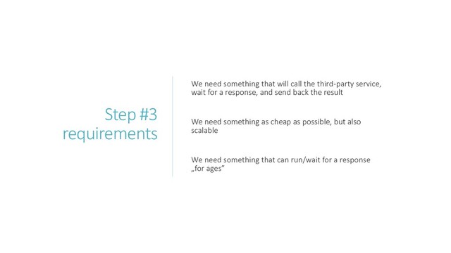Step #3
requirements
We need something that will call the third-party service,
wait for a response, and send back the result
We need something as cheap as possible, but also
scalable
We need something that can run/wait for a response
„for ages”
