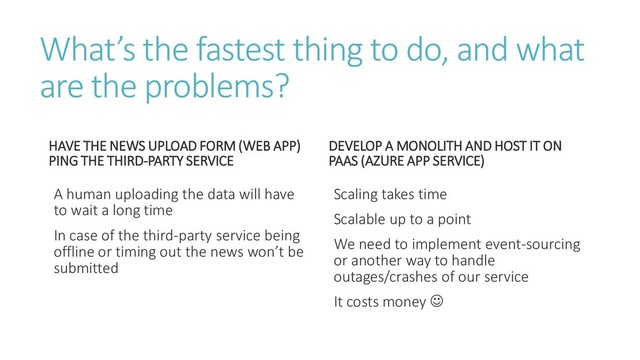 What’s the fastest thing to do, and what
are the problems?
HAVE THE NEWS UPLOAD FORM (WEB APP)
PING THE THIRD-PARTY SERVICE
A human uploading the data will have
to wait a long time
In case of the third-party service being
offline or timing out the news won’t be
submitted
DEVELOP A MONOLITH AND HOST IT ON
PAAS (AZURE APP SERVICE)
Scaling takes time
Scalable up to a point
We need to implement event-sourcing
or another way to handle
outages/crashes of our service
It costs money ☺
