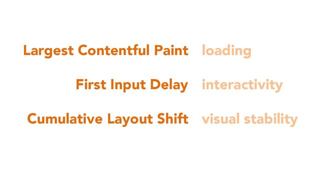 Largest Contentful Paint
First Input Delay
Cumulative Layout Shift
loading
interactivity
visual stability

