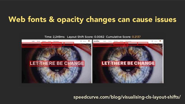 Web fonts & opacity changes can cause issues
speedcurve.com/blog/visualising-cls-layout-shifts/
