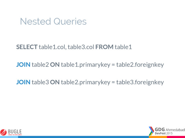 Nested Queries
SELECT table1.col, table3.col FROM table1
JOIN table2 ON table1.primarykey = table2.foreignkey
JOIN table3 ON table2.primarykey = table3.foreignkey
