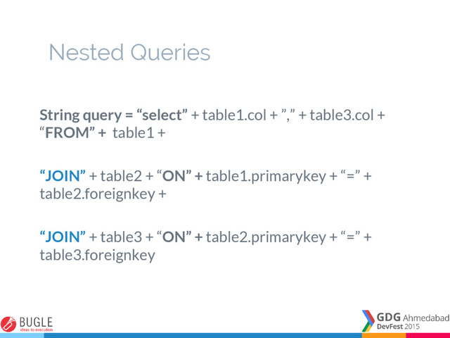 Nested Queries
String query = “select” + table1.col + ”,” + table3.col +
“FROM” + table1 +
“JOIN” + table2 + “ON” + table1.primarykey + “=” +
table2.foreignkey +
“JOIN” + table3 + “ON” + table2.primarykey + “=” +
table3.foreignkey
