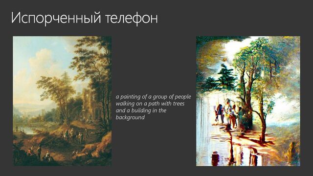 a painting of a group of people
walking on a path with trees
and a building in the
background
