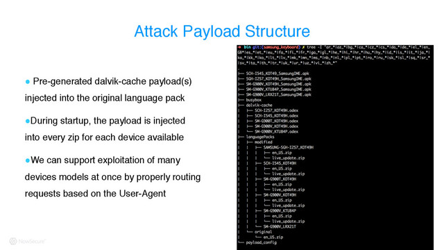 Attack Payload Structure
! Pre-generated dalvik-cache payload(s)
injected into the original language pack
!During startup, the payload is injected
into every zip for each device available
!We can support exploitation of many
devices models at once by properly routing
requests based on the User-Agent
