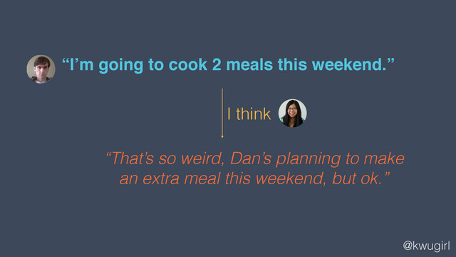 @kwugirl
“I’m going to cook 2 meals this weekend.”
“That’s so weird, Dan’s planning to make
an extra meal this weekend, but ok.”
I think
