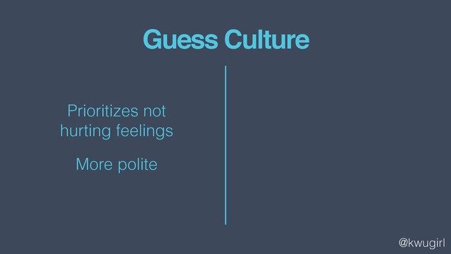 @kwugirl
Guess Culture
Prioritizes not  
hurting feelings
More polite
