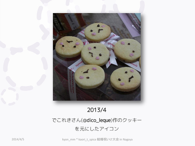 2013/4
でこれきさん(@dico_leque)作のクッキー
を元にしたアイコン
2014/4/5 kyon_mm * kaori_t_spica 結婚祝いLT大会 in Nagoya
