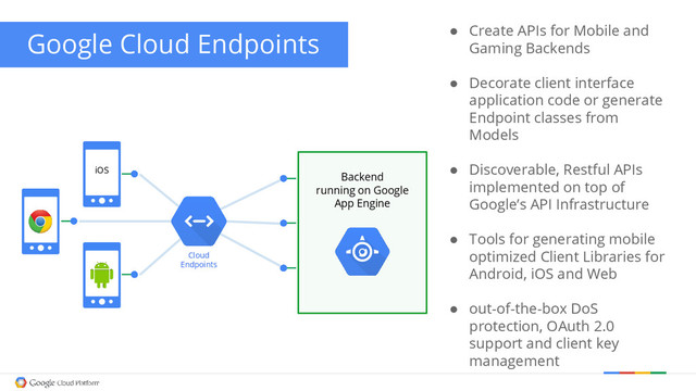 Backend
running on Google
App Engine
iOS
Cloud
Endpoints
● Create APIs for Mobile and
Gaming Backends
● Decorate client interface
application code or generate
Endpoint classes from
Models
● Discoverable, Restful APIs
implemented on top of
Google’s API Infrastructure
● Tools for generating mobile
optimized Client Libraries for
Android, iOS and Web
● out-of-the-box DoS
protection, OAuth 2.0
support and client key
management
Google Cloud Endpoints
