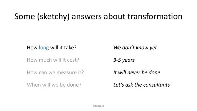 Some (sketchy) answers about transformation
How long will it take?
How much will it cost?
How can we measure it?
When will we be done?
We don’t know yet
3-5 years
It will never be done
Let’s ask the consultants
@tastapod
