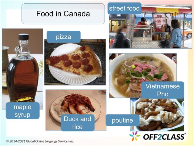 Food in Canada
maple
syrup
Duck and
rice
pizza
street food
Vietnamese
Pho
poutine

