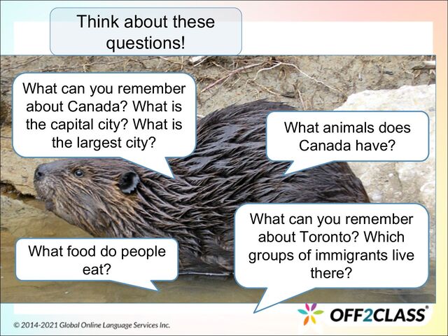 Think about these
questions!
What can you remember
about Canada? What is
the capital city? What is
the largest city?
What animals does
Canada have?
What food do people
eat?
What can you remember
about Toronto? Which
groups of immigrants live
there?
