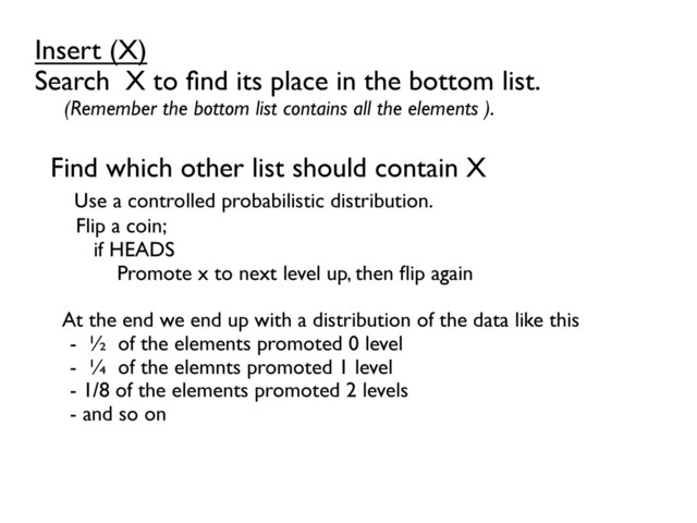 	

Insert (X)	

Search X to ﬁnd its place in the bottom list.	

(Remember the bottom list contains all the elements ).	

	

Find which other list should contain X	

Use a controlled probabilistic distribution.	

Flip a coin;	

if HEADS	

Promote x to next level up, then ﬂip again	

	

At the end we end up with a distribution of the data like this	

- ½ of the elements promoted 0 level	

- ¼ of the elemnts promoted 1 level	

- 1/8 of the elements promoted 2 levels	

- and so on 	

