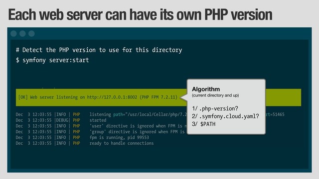 Each web server can have its own PHP version
# Detect the PHP version to use for this directory
$ symfony server:start
Algorithm
(current directory and up)

1/ .php-version?

2/ .symfony.cloud.yaml?

3/ $PATH
