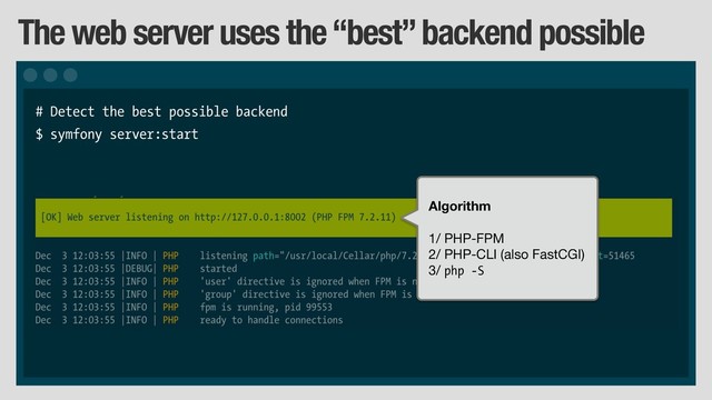 The web server uses the “best” backend possible
# Detect the best possible backend
$ symfony server:start
Algorithm
1/ PHP-FPM

2/ PHP-CLI (also FastCGI)

3/ php -S
