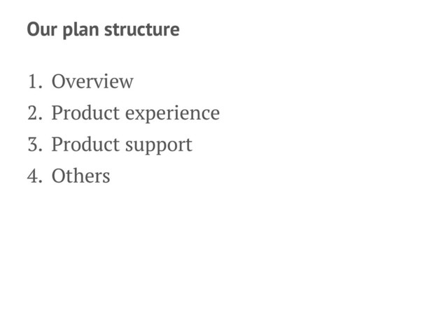 Our plan structure
1. Overview
2. Product experience
3. Product support
4. Others

