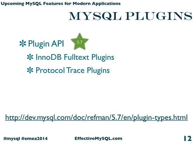EffectiveMySQL.com
#mysql #emea2014
Upcoming MySQL Features for Modern Applications
MySQL plugins
12
Plugin API
InnoDB Fulltext Plugins
Protocol Trace Plugins
http://dev.mysql.com/doc/refman/5.7/en/plugin-types.html
5.7
