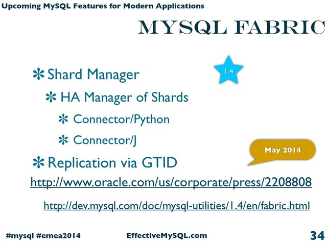 EffectiveMySQL.com
#mysql #emea2014
Upcoming MySQL Features for Modern Applications
MySQL Fabric
Shard Manager
HA Manager of Shards
Connector/Python
Connector/J
Replication via GTID
34
http://www.oracle.com/us/corporate/press/2208808
May 2014
1.4
http://dev.mysql.com/doc/mysql-utilities/1.4/en/fabric.html
