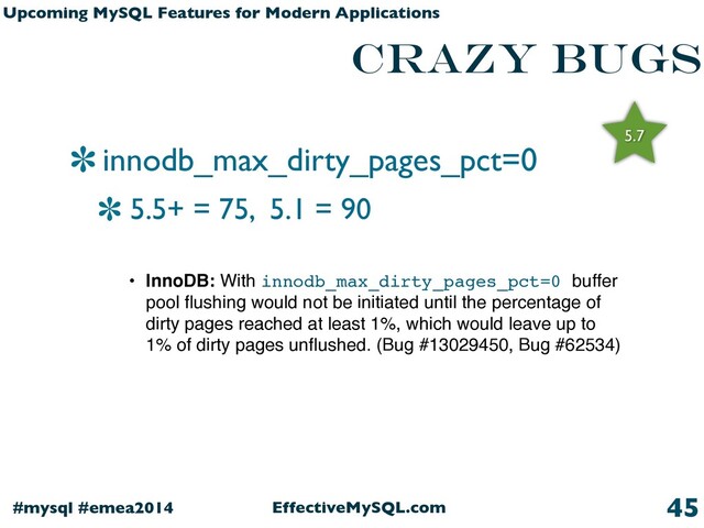 EffectiveMySQL.com
#mysql #emea2014
Upcoming MySQL Features for Modern Applications
Crazy Bugs
innodb_max_dirty_pages_pct=0
5.5+ = 75, 5.1 = 90
45
• InnoDB: With innodb_max_dirty_pages_pct=0 buffer
pool ﬂushing would not be initiated until the percentage of
dirty pages reached at least 1%, which would leave up to
1% of dirty pages unﬂushed. (Bug #13029450, Bug #62534)
5.7
