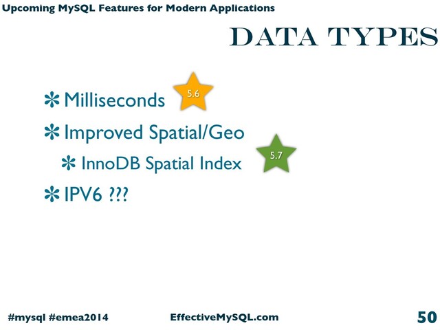 EffectiveMySQL.com
#mysql #emea2014
Upcoming MySQL Features for Modern Applications
Data types
Milliseconds
Improved Spatial/Geo
InnoDB Spatial Index
IPV6 ???
50
5.6
5.7
