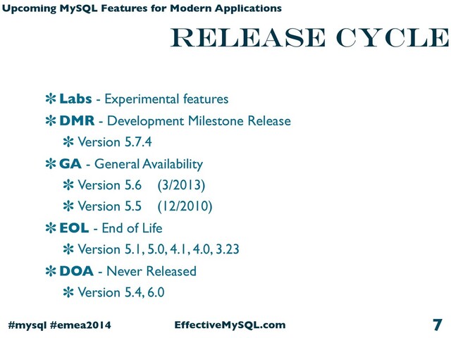 EffectiveMySQL.com
#mysql #emea2014
Upcoming MySQL Features for Modern Applications
Release Cycle
Labs - Experimental features
DMR - Development Milestone Release
Version 5.7.4
GA - General Availability
Version 5.6 (3/2013)
Version 5.5 (12/2010)
EOL - End of Life
Version 5.1, 5.0, 4.1, 4.0, 3.23
DOA - Never Released
Version 5.4, 6.0
7
