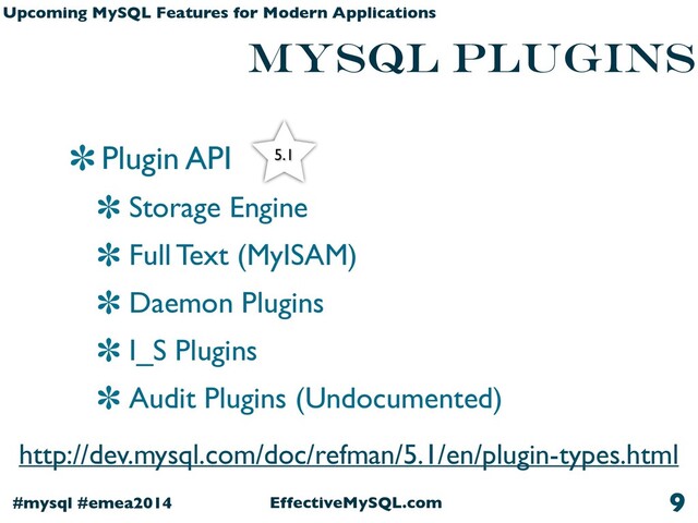 EffectiveMySQL.com
#mysql #emea2014
Upcoming MySQL Features for Modern Applications
MySQL plugins
9
Plugin API
Storage Engine
Full Text (MyISAM)
Daemon Plugins
I_S Plugins
Audit Plugins (Undocumented)
5.1
http://dev.mysql.com/doc/refman/5.1/en/plugin-types.html
