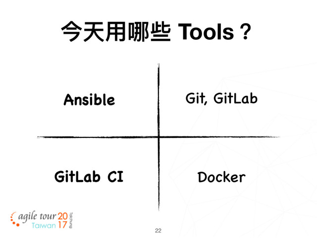 22
Git, GitLab
GitLab CI
Ansible
Docker
今天⽤用哪些 Tools？
