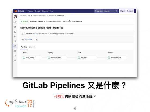 53
GitLab Pipelines ⼜又是什什麼？
可視化的軟體發佈⽣生產線。

