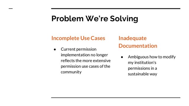 Problem We're Solving
Incomplete Use Cases
● Current permission
implementation no longer
reflects the more extensive
permission use cases of the
community
Inadequate
Documentation
● Ambiguous how to modify
my institution's
permissions in a
sustainable way
