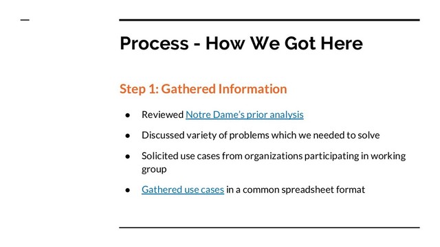 Process - How We Got Here
Step 1: Gathered Information
● Reviewed Notre Dame’s prior analysis
● Discussed variety of problems which we needed to solve
● Solicited use cases from organizations participating in working
group
● Gathered use cases in a common spreadsheet format
