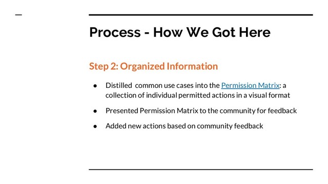 Process - How We Got Here
Step 2: Organized Information
● Distilled common use cases into the Permission Matrix: a
collection of individual permitted actions in a visual format
● Presented Permission Matrix to the community for feedback
● Added new actions based on community feedback
