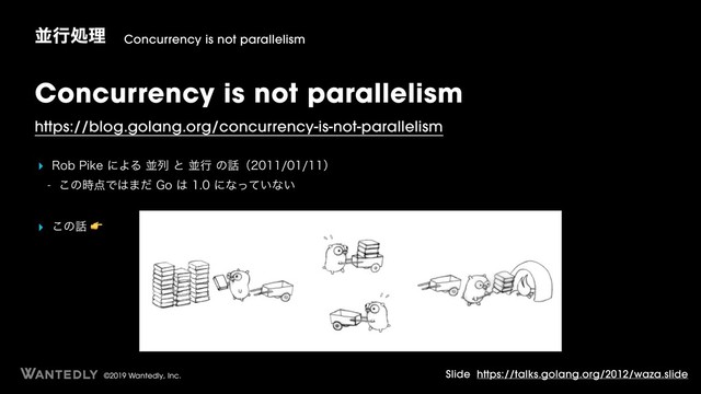 ©2019 Wantedly, Inc.
Concurrency is not parallelism
https://blog.golang.org/concurrency-is-not-parallelism
‣ 3PC1JLFʹΑΔฒྻͱฒߦͷ࿩ʢʣ
 ͜ͷ࣌఺Ͱ͸·ͩ(P͸ʹͳ͍ͬͯͳ͍
‣ ͜ͷ࿩
ฒߦॲཧ Concurrency is not parallelism
Slide https://talks.golang.org/2012/waza.slide
