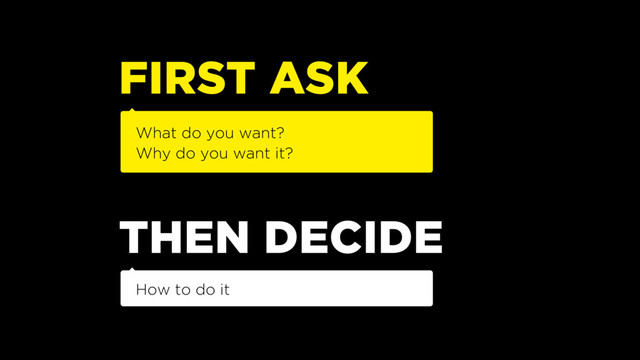 What do you want?
Why do you want it?
FIRST ASK
How to do it
THEN DECIDE
