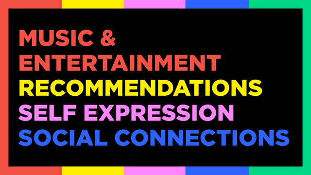 MUSIC &
ENTERTAINMENT
RECOMMENDATIONS
SELF EXPRESSION
SOCIAL CONNECTIONS
