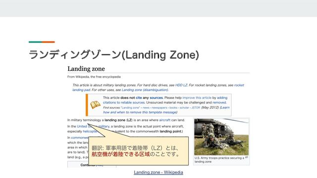 ϥϯσΟϯάκʔϯ -BOEJOH;POF

Landing zone - Wikipedia
຋༁܉ࣄ༻ޠͰண཮ଳʢ-;ʣͱ͸ɺ
ߤۭػ͕ண཮Ͱ͖Δ۠Ҭͷ͜ͱͰ͢ɻ
