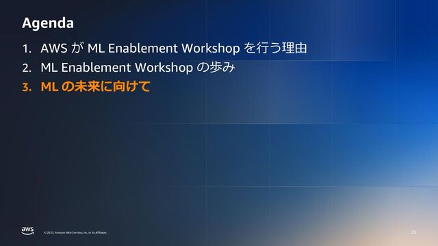 © 2023, Amazon Web Services, Inc. or its affiliates.
© 2023, Amazon Web Services, Inc. or its affiliates.
Agenda
25
1. AWS が ML Enablement Workshop を行う理由
2. ML Enablement Workshop の歩み
3. ML の未来に向けて
