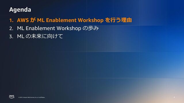© 2023, Amazon Web Services, Inc. or its affiliates.
© 2023, Amazon Web Services, Inc. or its affiliates.
Agenda
4
1. AWS が ML Enablement Workshop を行う理由
2. ML Enablement Workshop の歩み
3. ML の未来に向けて
