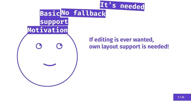 Motivation
7 / 24
If editing is ever wanted,
own layout support is needed!
Basic
support
It’s needed
No fallback
