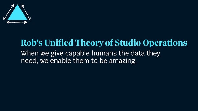 When we give capable humans the data they
need, we enable them to be amazing.
Rob’s Unified Theory of Studio Operations
