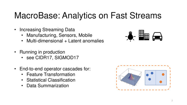 • Increasing Streaming Data
• Manufacturing, Sensors, Mobile
• Multi-dimensional + Latent anomalies
• Running in production
• see CIDR17, SIGMOD17
• End-to-end operator cascades for:
• Feature Transformation
• Statistical Classification
• Data Summarization
MacroBase: Analytics on Fast Streams
2
