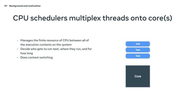 CPU schedulers multiplex threads onto core(s)
- Manages the finite resource of CPU between all of
the execution contexts on the system
- Decide who gets to run next, where they run, and for
how long
- Does context switching
01 Background and motivation
