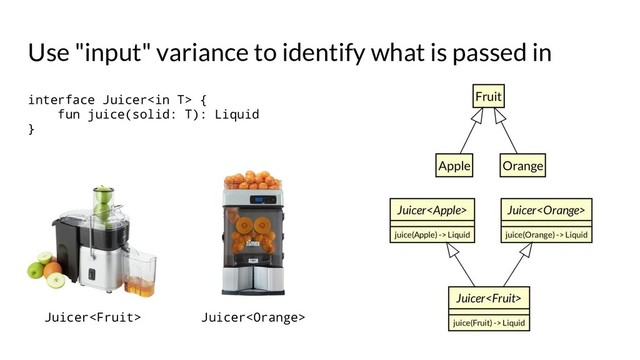Use "input" variance to identify what is passed in
interface Juicer {
fun juice(solid: T): Liquid
}
Juicer Juicer
