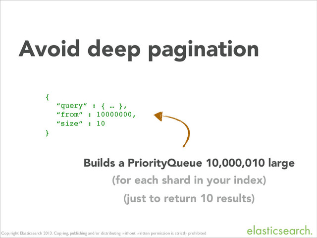 Copyright Elasticsearch 2013. Copying, publishing and/or distributing without written permission is strictly prohibited
Avoid deep pagination
{!
! “query” : { … },!
! “from” : 10000000,!
! “size” : 10!
}!
Builds a PriorityQueue 10,000,010 large
(for each shard in your index)
(just to return 10 results)
