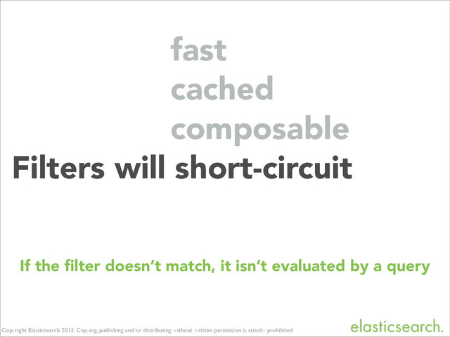 Copyright Elasticsearch 2013. Copying, publishing and/or distributing without written permission is strictly prohibited
Filters will short-circuit
composable
cached
If the ﬁlter doesn’t match, it isn’t evaluated by a query
fast
