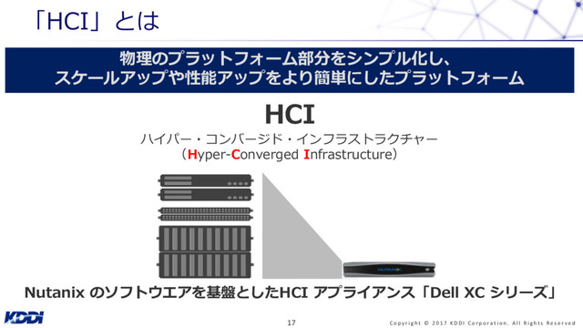 「HCI」とは
C o p y r i g h t © 2 0 1 7 K D D I C o r p o r a t i o n . A l l R i g h t s R e s e r v e d
17
物理のプラットフォーム部分をシンプル化し、
スケールアップや性能アップをより簡単にしたプラットフォーム
HCI
ハイパー・コンバージド・インフラストラクチャー
（Hyper-Converged Infrastructure）
Nutanix のソフトウエアを基盤としたHCI アプライアンス「Dell XC シリーズ」
