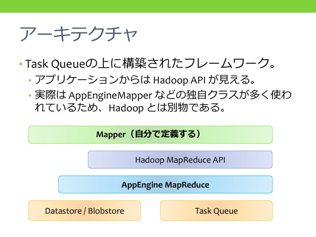 アーキテクチャ
• Task Queueの上に構築されたフレームワーク。
• アプリケーションからは Hadoop API が見える。
• 実際は AppEngineMapper などの独自クラスが多く使わ
れているため、Hadoop とは別物である。
Mapper（自分で定義する）
AppEngine MapReduce
Datastore / Blobstore Task Queue
Hadoop MapReduce API
