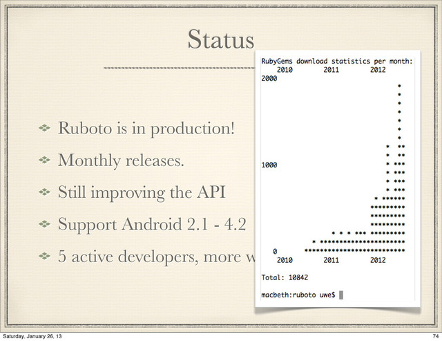 Status
Ruboto is in production!
Monthly releases.
Still improving the API
Support Android 2.1 - 4.2
5 active developers, more welcome!
74
Saturday, January 26, 13
