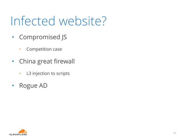 Infected website?
• Compromised JS
• Competition case
• China great ﬁrewall
• L3 injection to scripts
• Rogue AD
95
