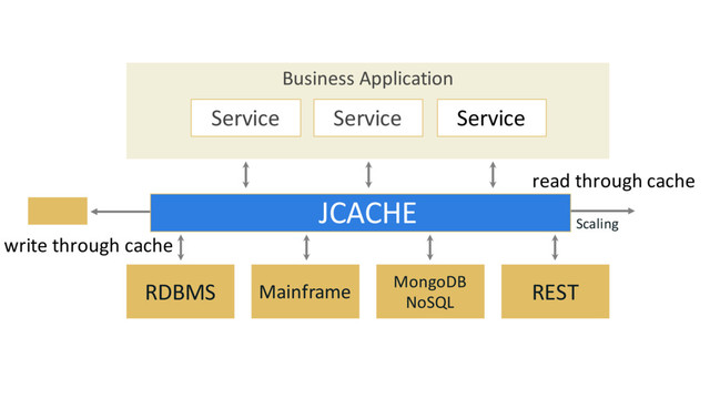 Business Application
Service Service Service
RDBMS Mainframe MongoDB
NoSQL
REST
Scaling
JCACHE
read through cache
write through cache
